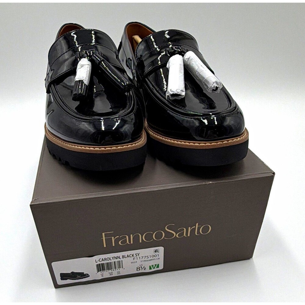 Franco Sarto Carolyn Black Patent Tassel Lug Sole Loafers Shoes NIB